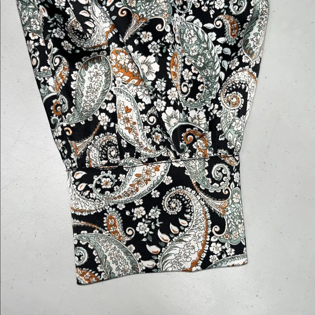 Jeannie Mai x INC Size 3X Paisley Print Satin Puff Sleeve Button Up Blouse Top Black - Image 4