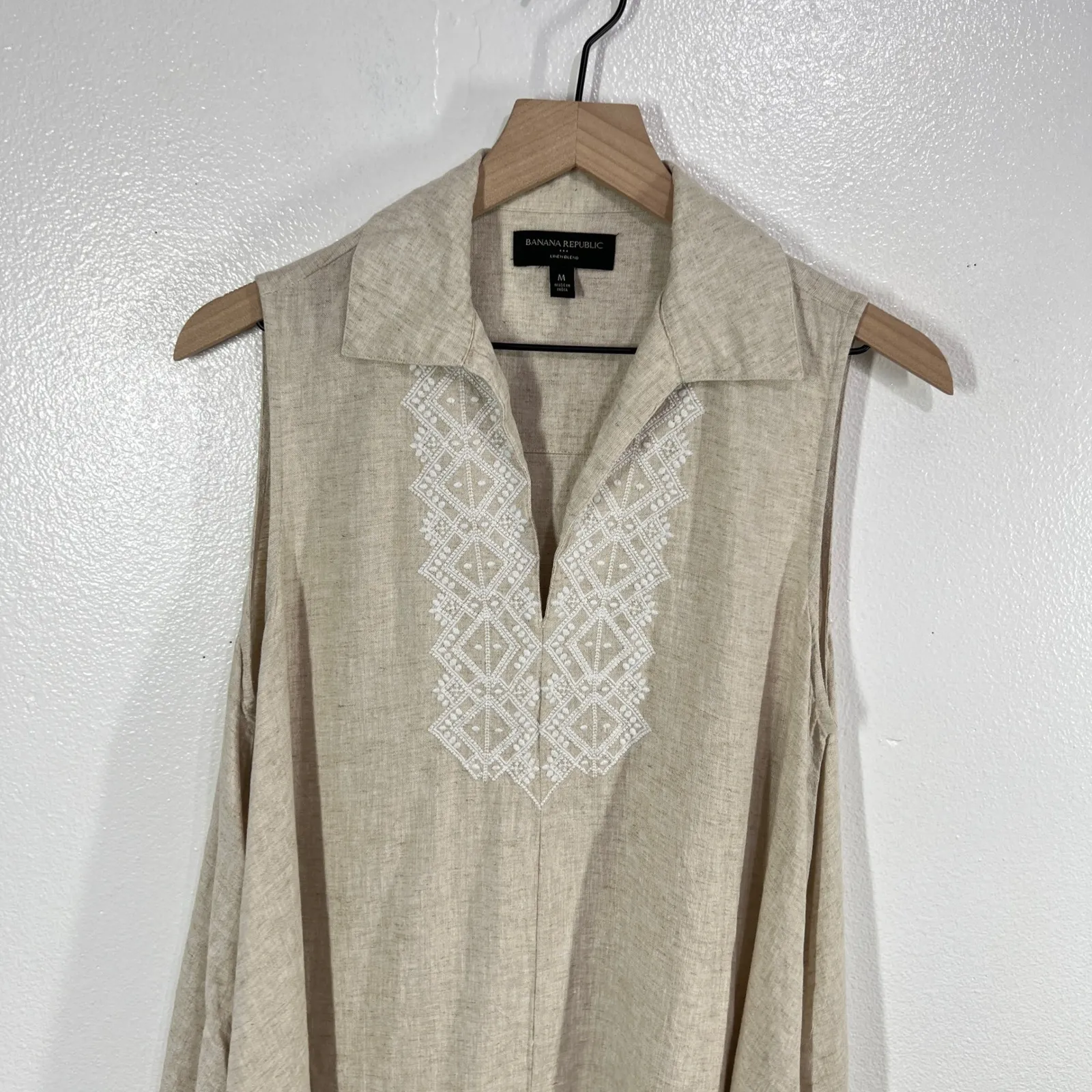 Banana Republic Sleeveless Linen‎ Tunic Dress Medium Beige Embroidered Resort - Image 8