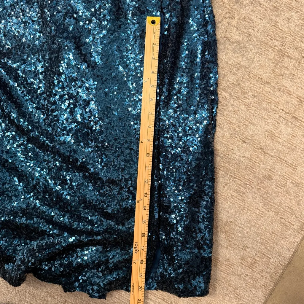 Vince Camuto Elegant Teal Sequin Faux Wrap Formal Evening Gown - Image 10