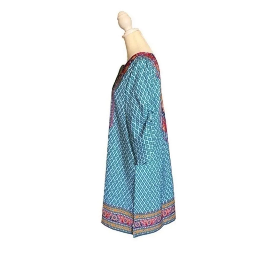Urban Coco Blue Multicolor Ruche Sleeve Swim Coverup Dress with Tassels Medium - Image 3
