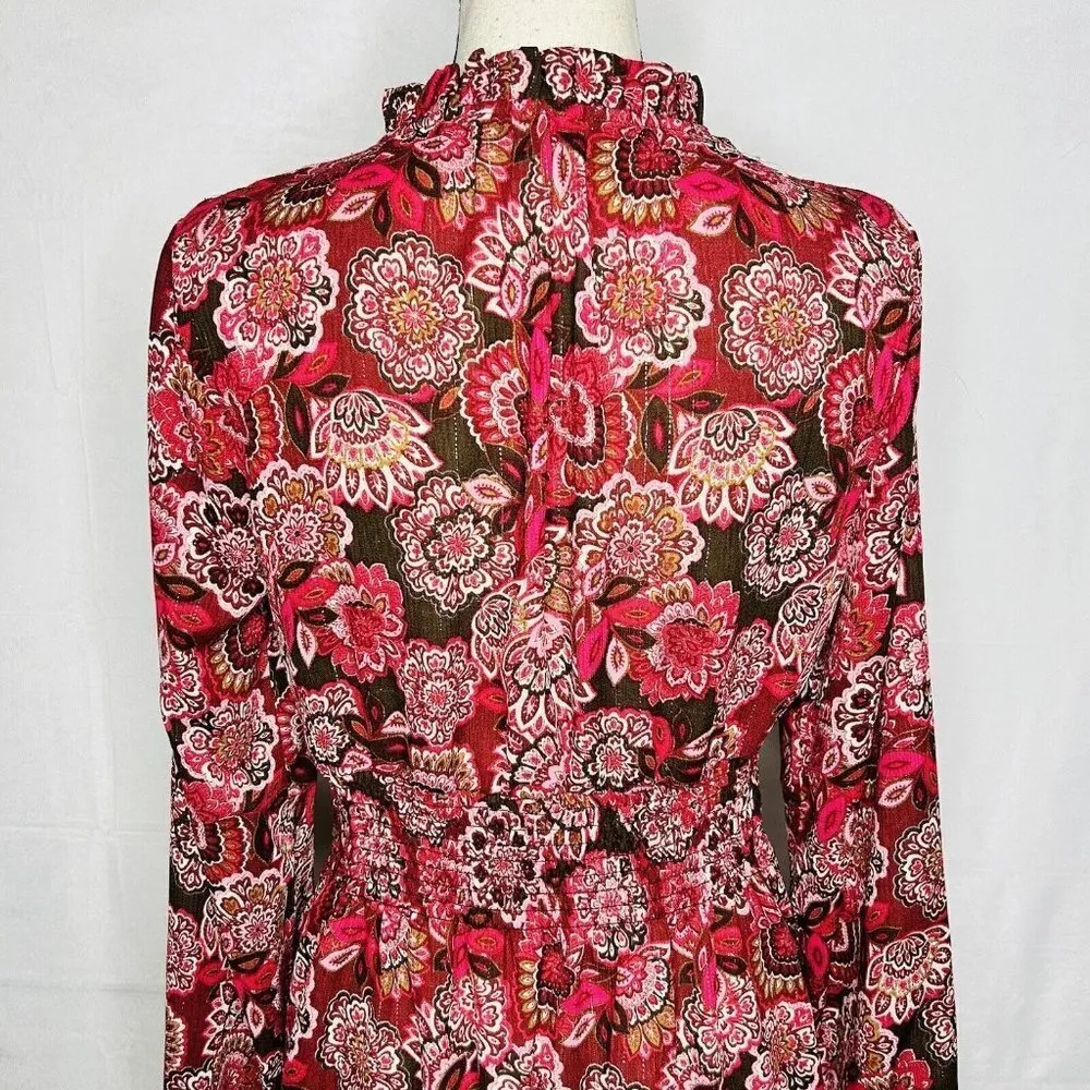 Rose + Olive Floral Print Metallic Boho Mini Shift Dress Smocked Waist Sz S - Image 10