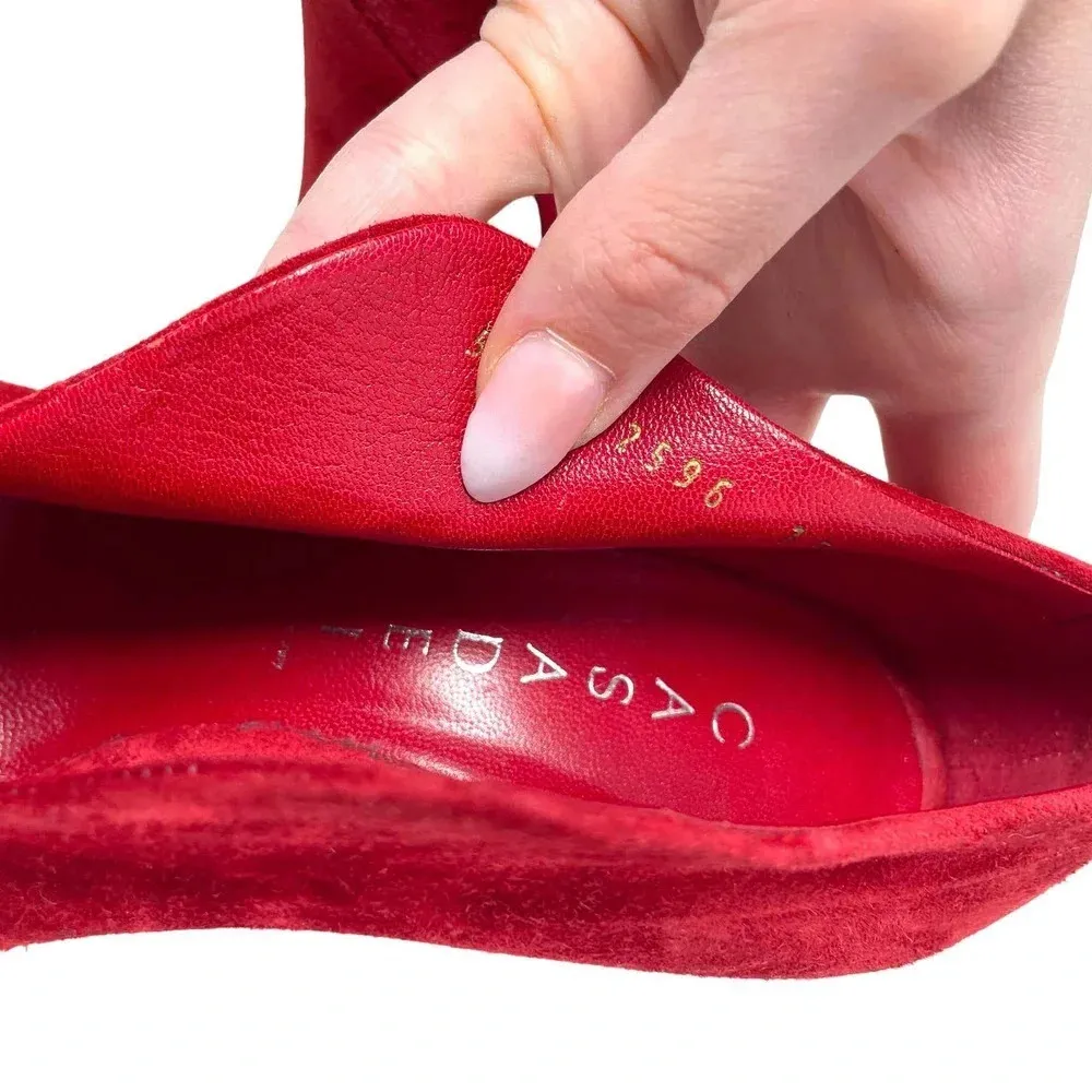 Casadei‎ Red Suede Platform Slip On Ankle Tulip Cut Out Booties Heels Size 6 - Image 8