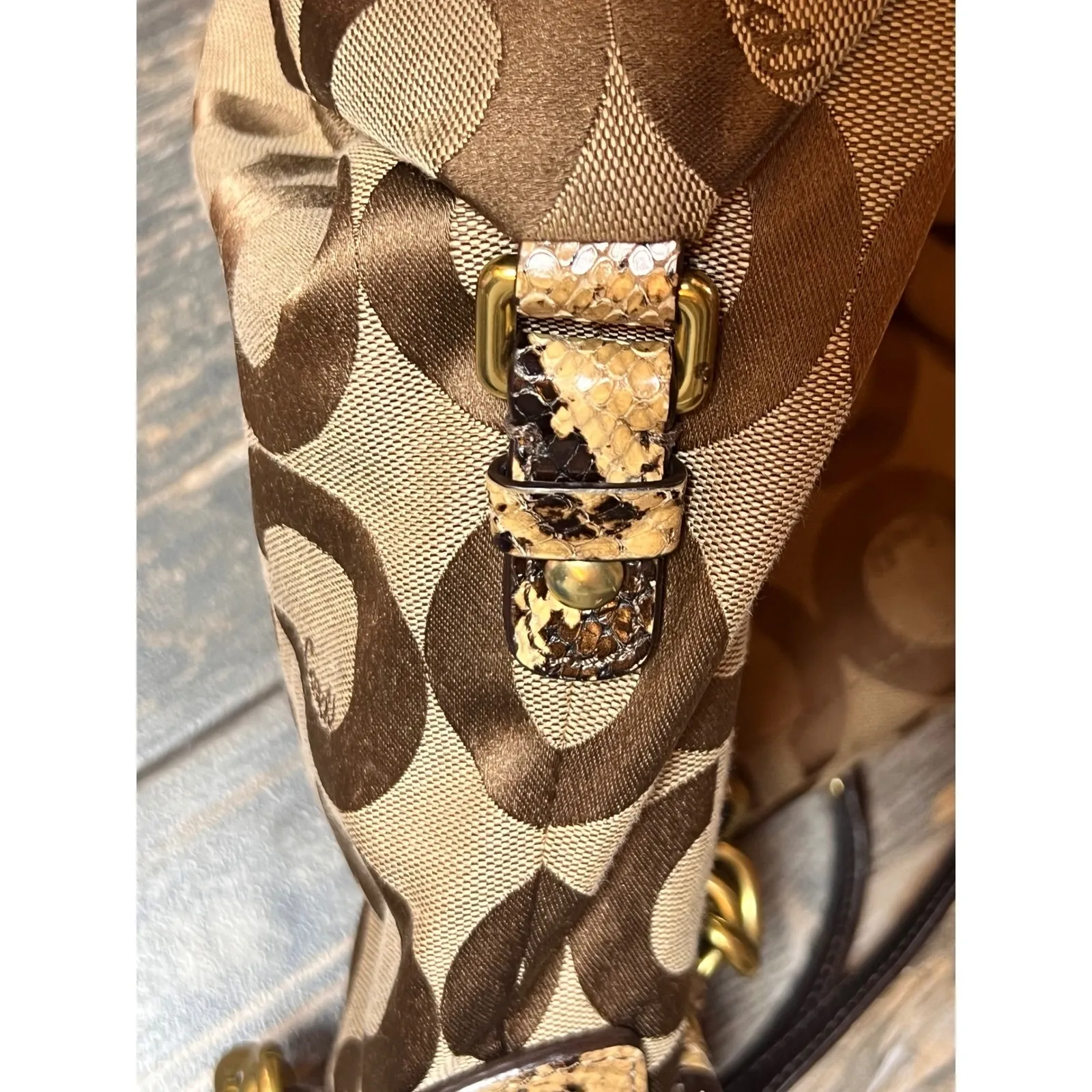 Coach Op Art Hobo Shoulder Bag Brown Gold Snakeskin Y2K Slouchy Canvas  15027 - Image 6