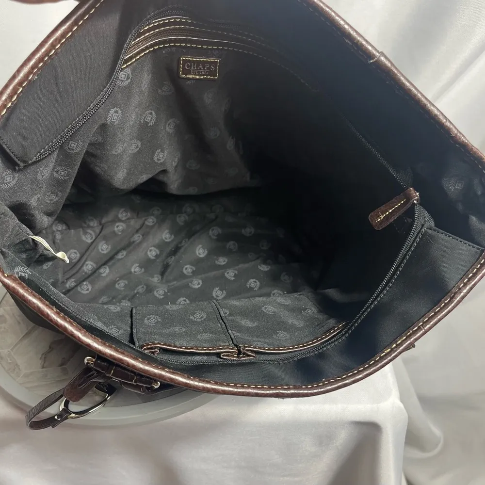 CHAPS Black Nylon Tote Bag Brown Faux Leather Trim Horse Stirrup Charm 13x10 - Image 6