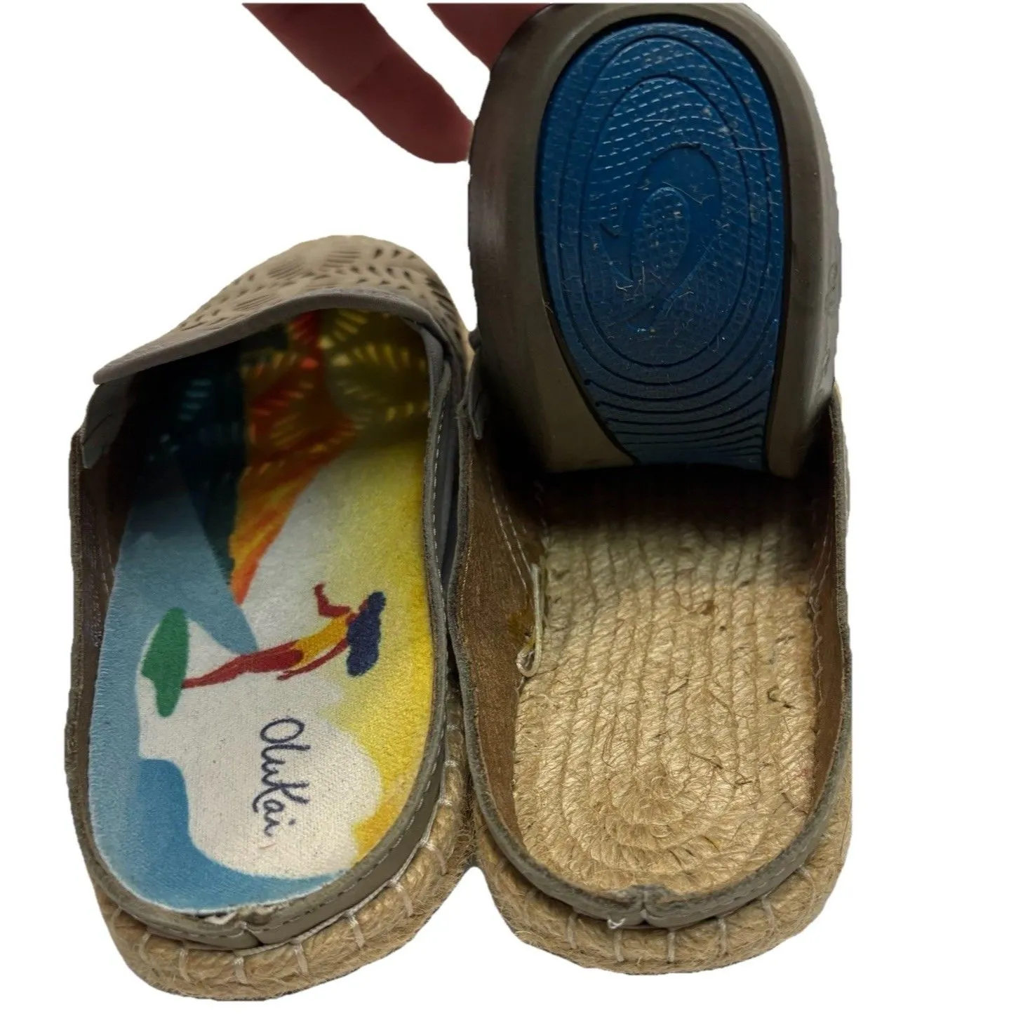 OluKai Kaula Olu Ili Shoes Size 7 Leather Espadrille Mule Tapa Tapa Perforated Tan - Image 5