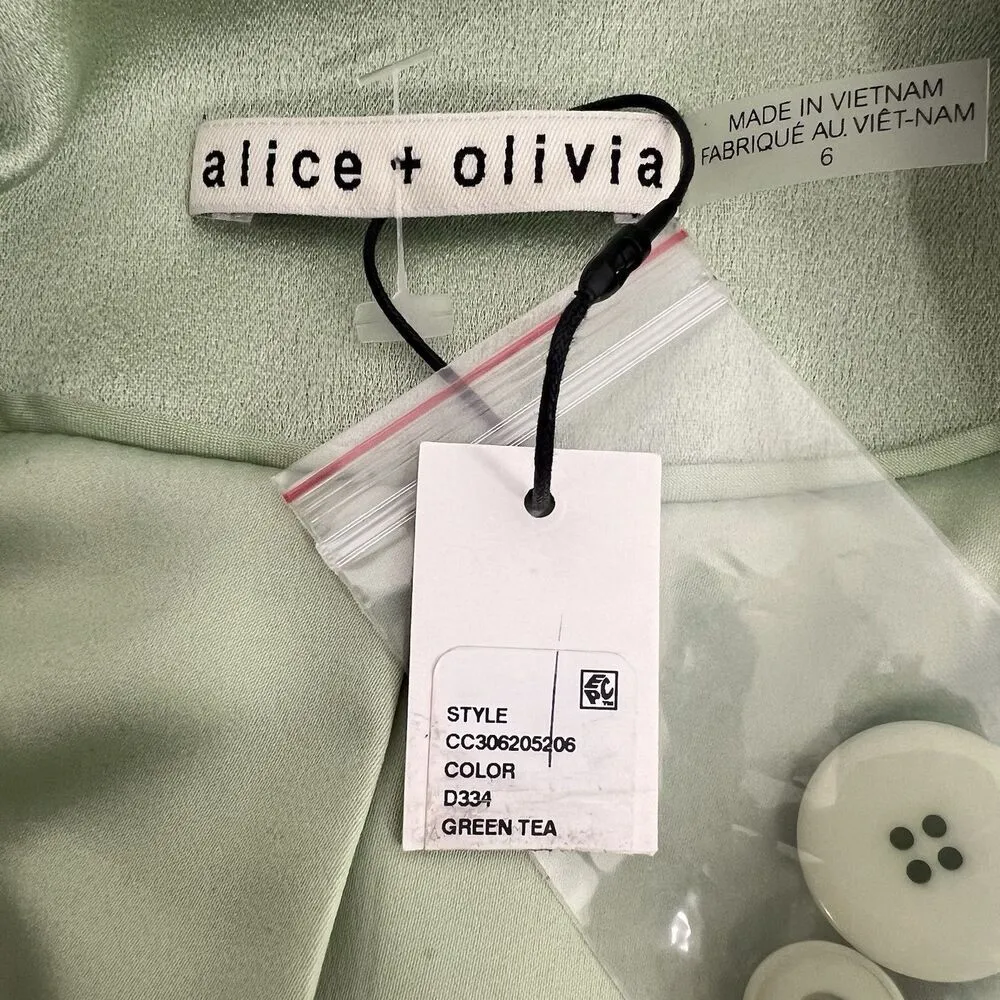 Alice + Olivia Denny Satin Single Breasted Boyfriend Blazer Green Tea Size 6 New - Image 14