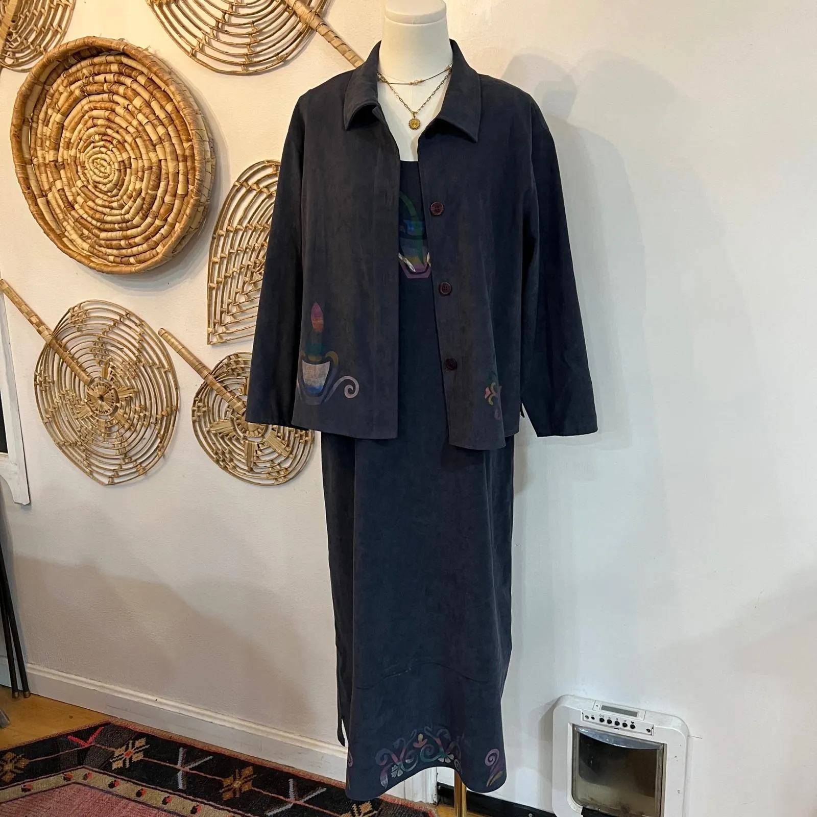 Vintage Jessica Howard 2 Pc Dress Jacket Set Abstract Floral Print 90s Size 14P - Image 2