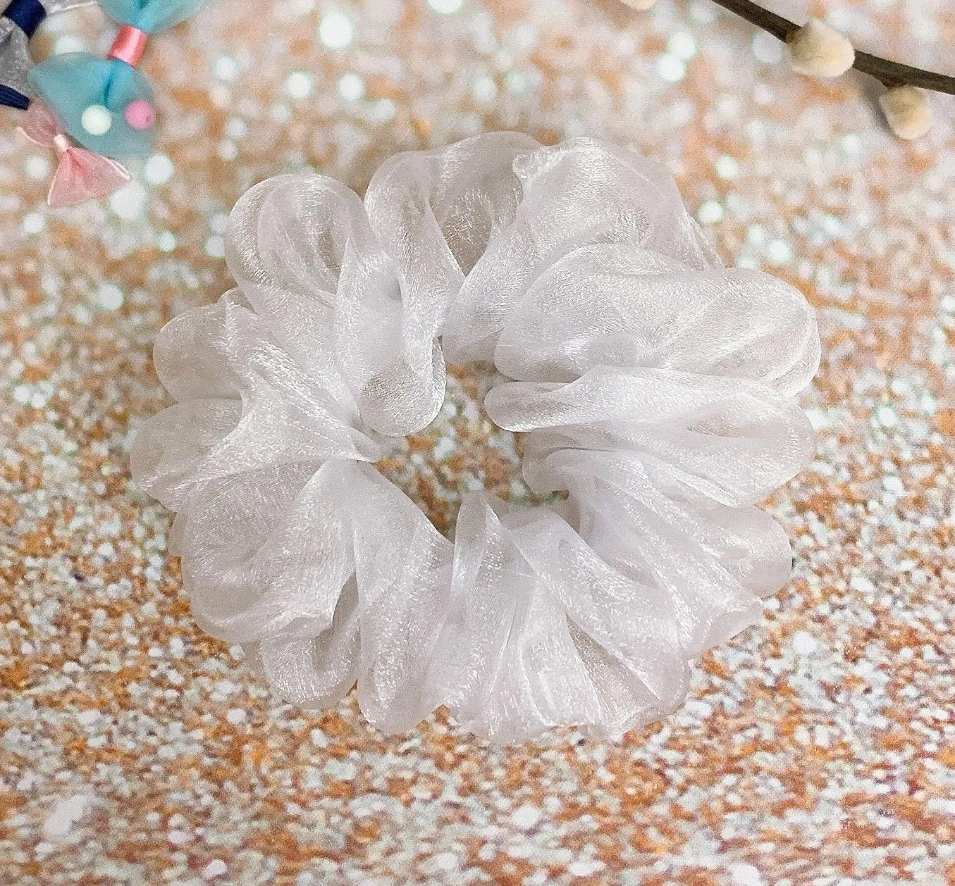 White Crystal Organza Hair Scrunchie - Image 3