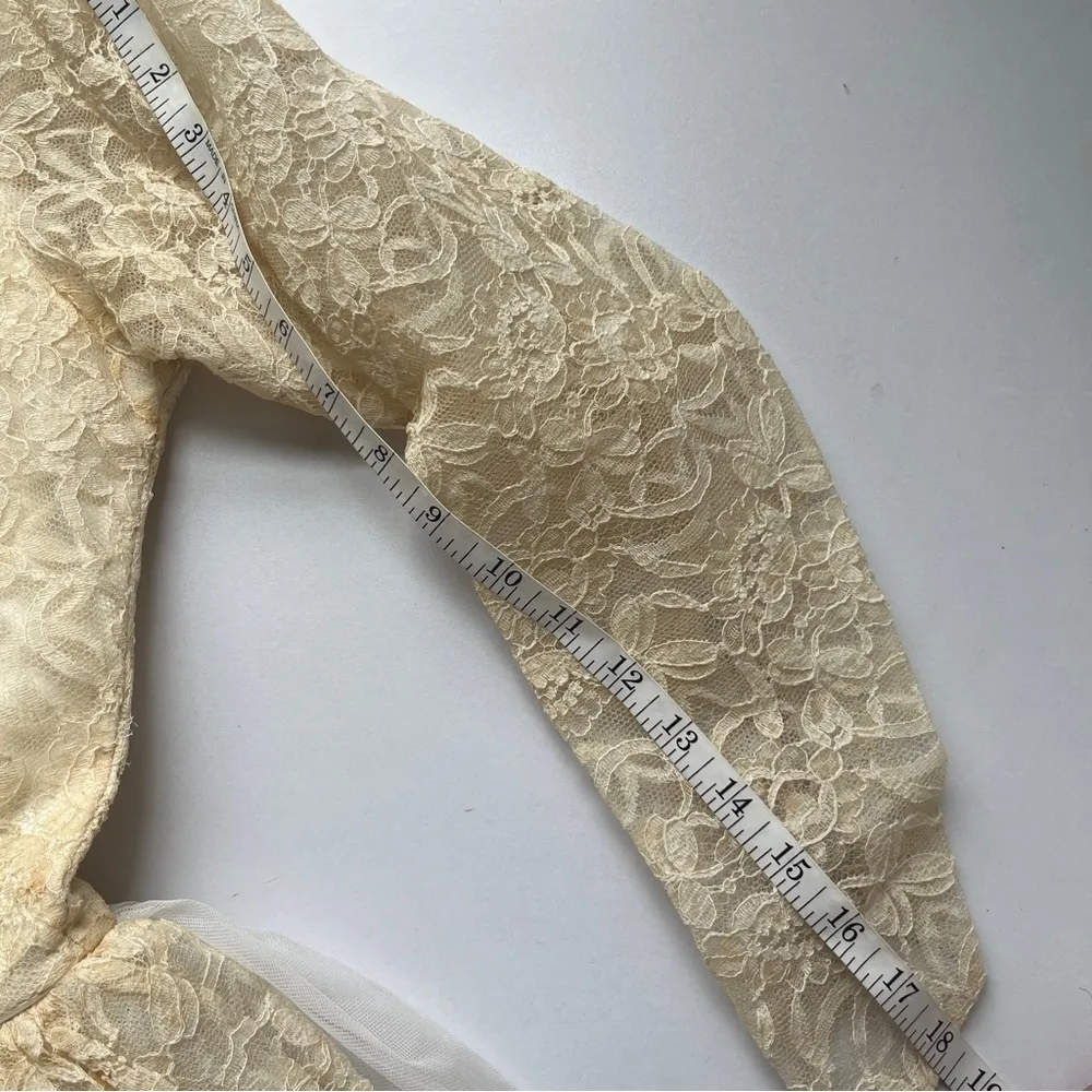 Vintage Lace Neckline Tulle Long Sleeve Princess Embroidery Dress Small 4 Cream White - Image 11