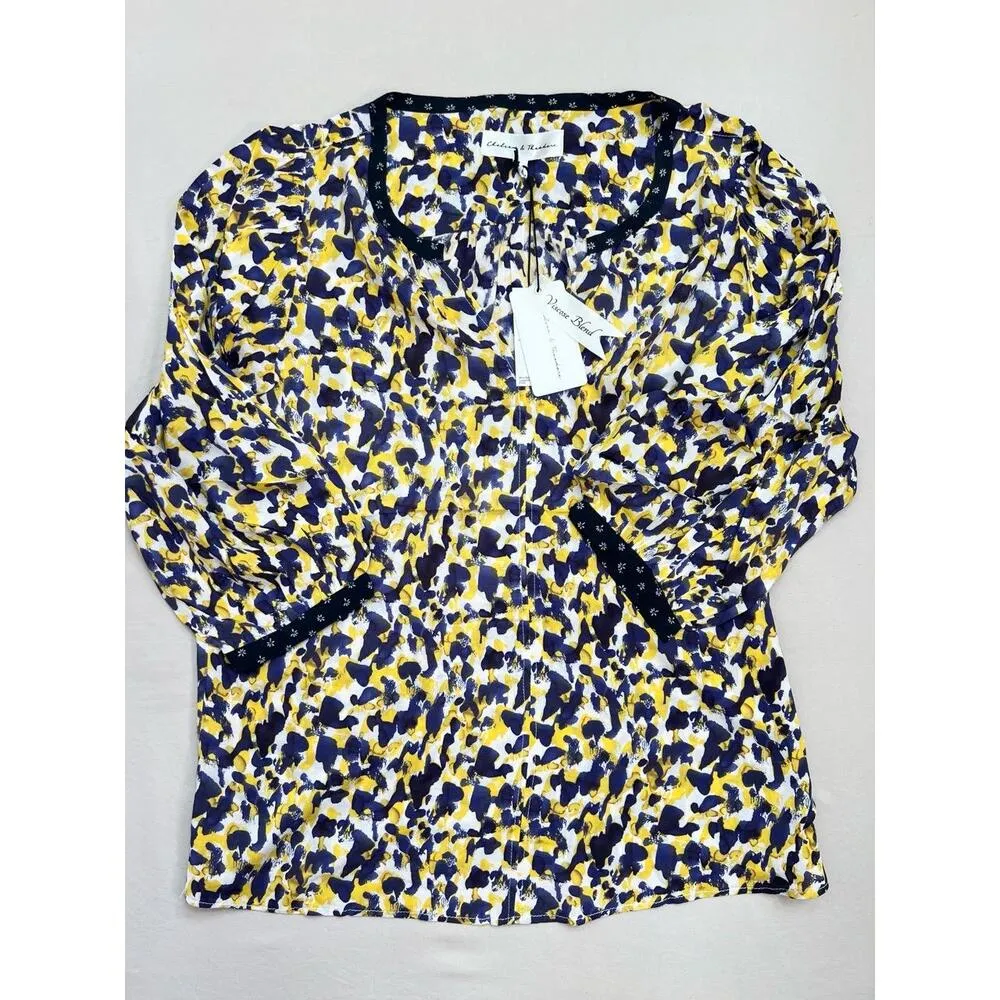 Chelsea & Theodore Blouse Size L Yellow Navy V - Image 2