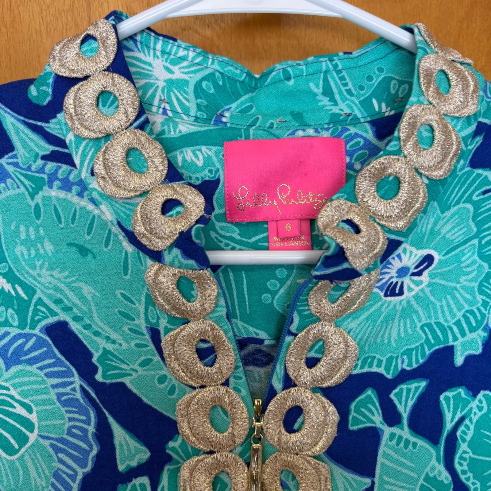 Lilly Pulitzer Tunic Dress Blue Green Floral Embroidery Zipper Women's Size 6 - Image 3