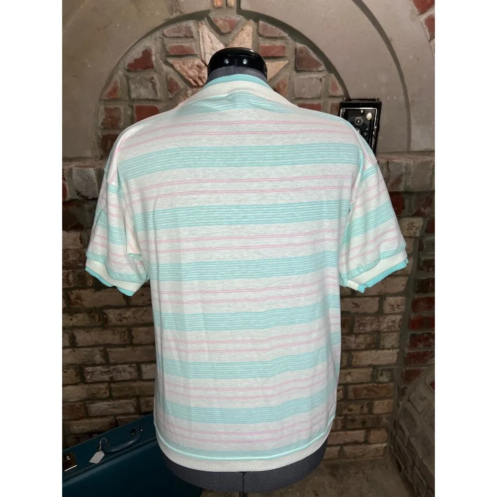Tshirt vintage 1980s striped pink pastel Size L - Image 3