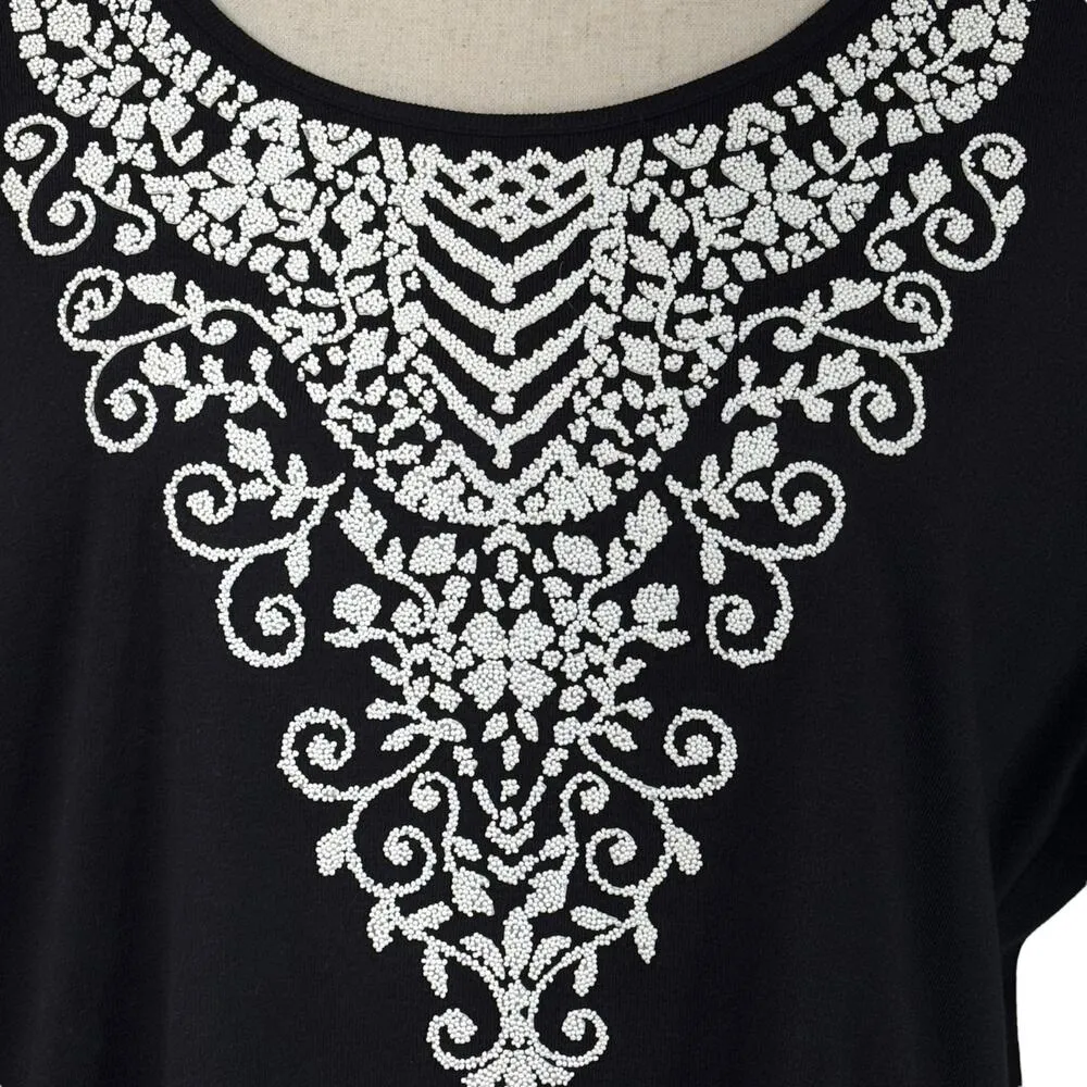 Laura Scott X-Large Caviar Beads Tee Shirt Top Stretch Short Sleeves Black Onyx - Image 2
