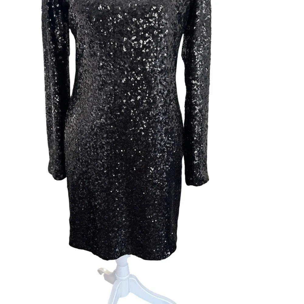 Dress the Population Kelly Black Sequin Open Back Long Sleeve Mini Dress L - Image 6