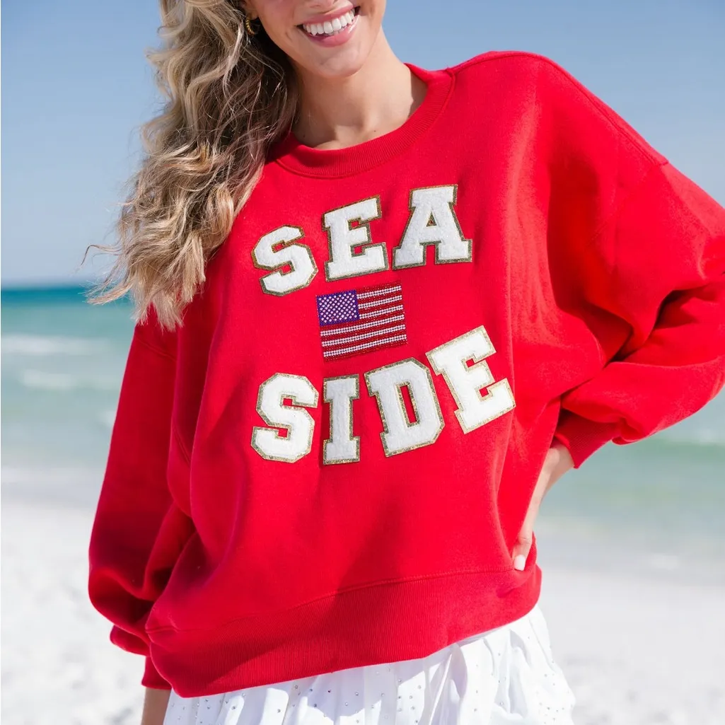 Judith March By The Seaside Pullover Sweatshirt Red Small S Rhinestone Flag - Image 1