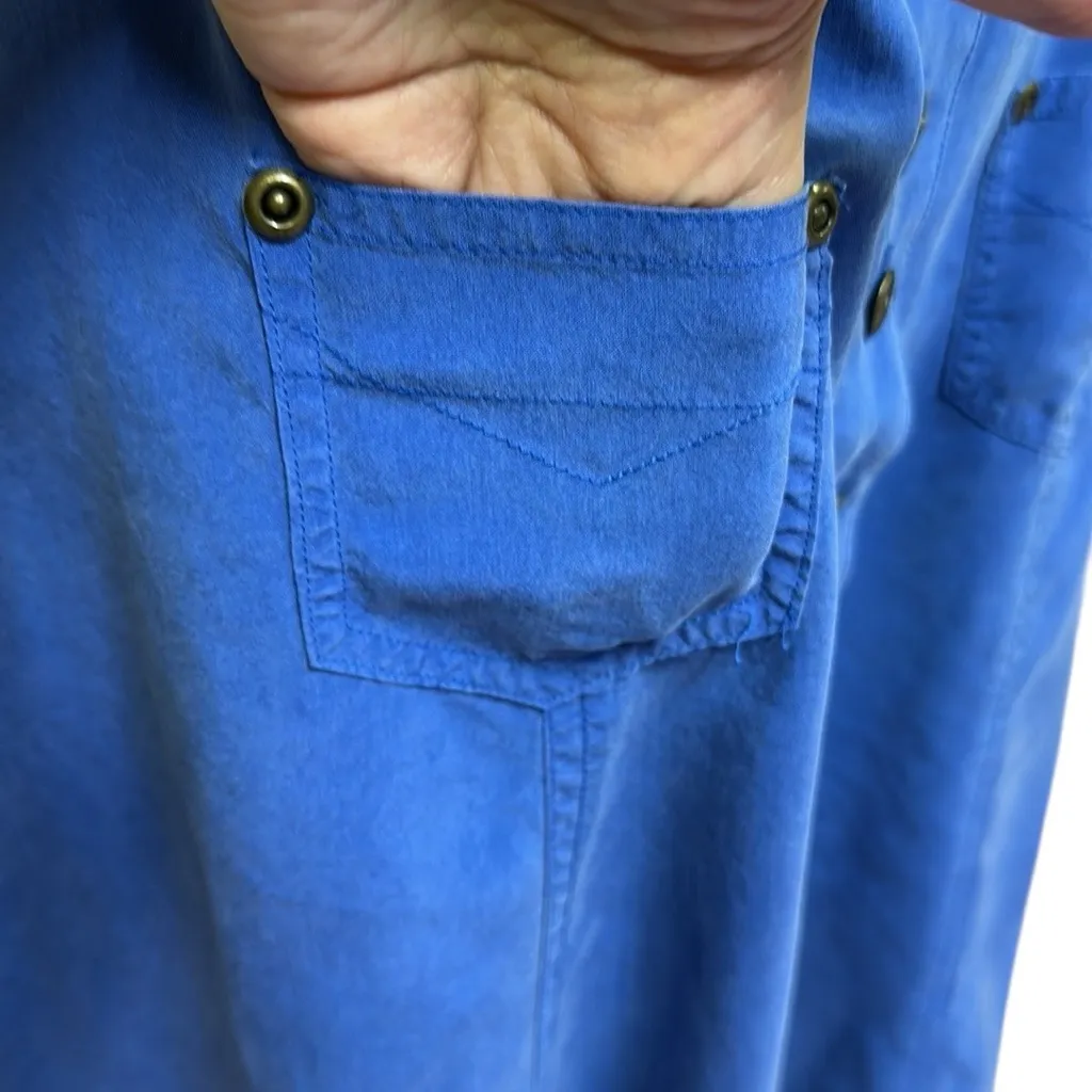 Vintage August Silk and Cotton Blue Button Front Sleeveless Midi Dress Womens 12 - Image 4