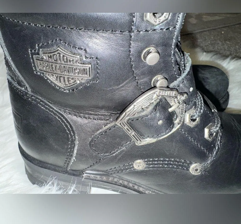 Harley Davidson 7 Black Hi Top Boots Leather Buckle Lace Up 81024 FADED GLORY 6” - Image 5