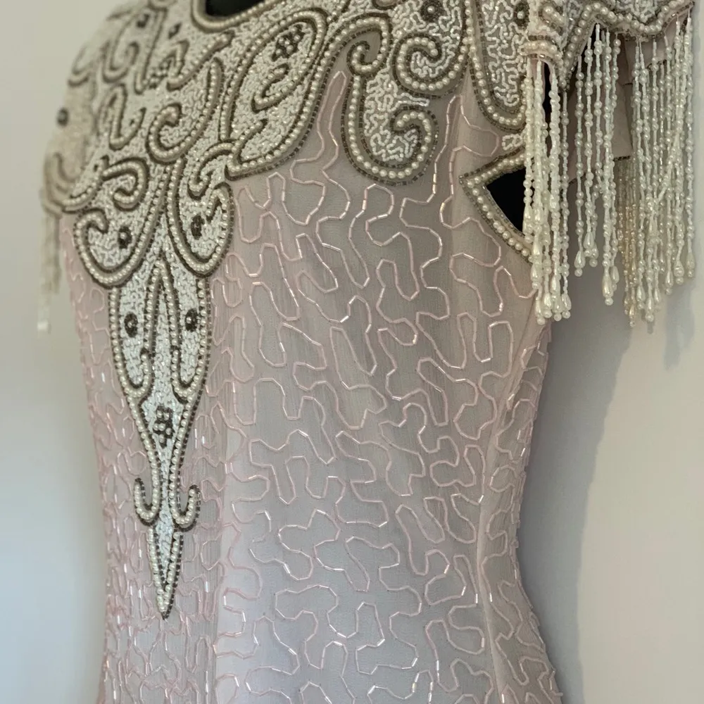Scala Vintage Cocktail Party Dress Pink White Silver Sequened Tassell - Image 3