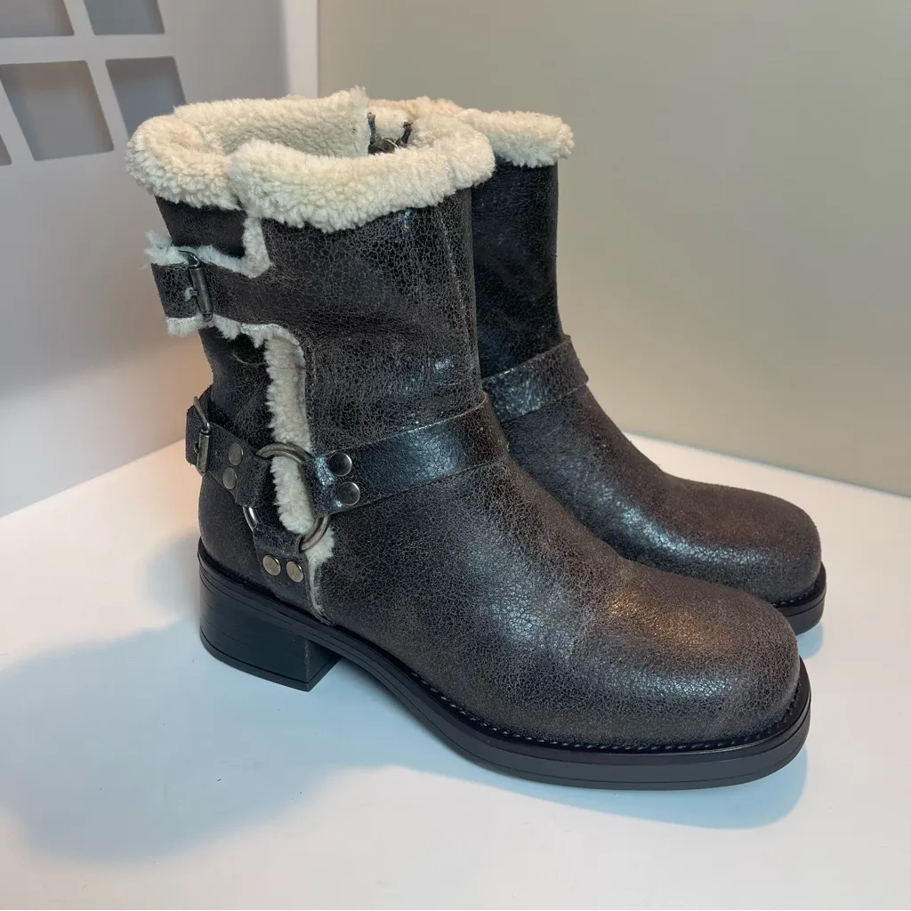 Steve Madden Brixton Brown Distressed Leather Faux Fur Mid-Calf Moto Boots 8 - Image 3