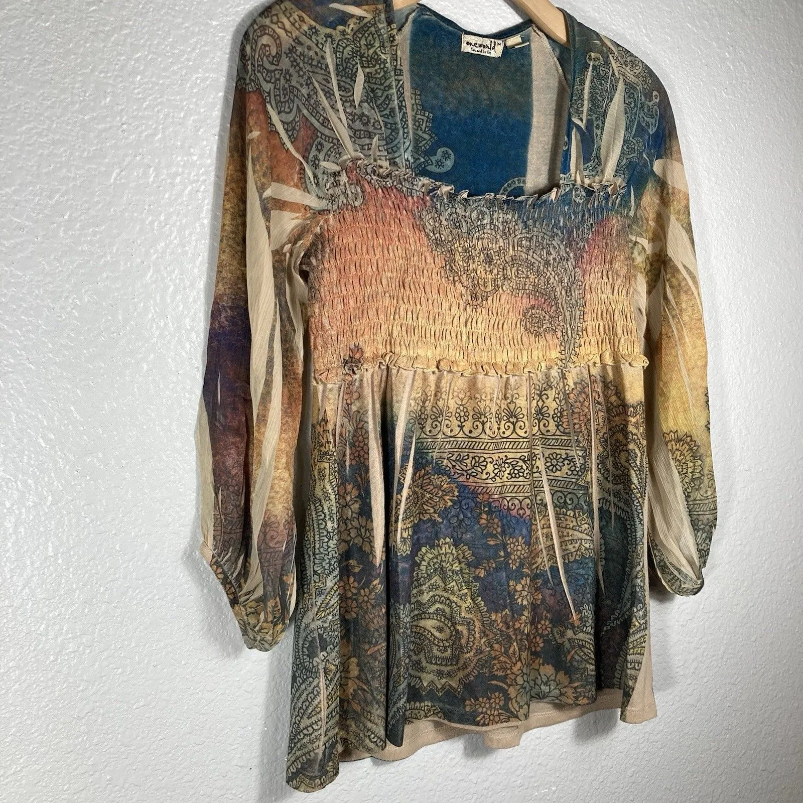 Y2K One World Womens Tunic Top M Sheer Babydoll Smocked Fairy Whimsical Smoky - Image 2