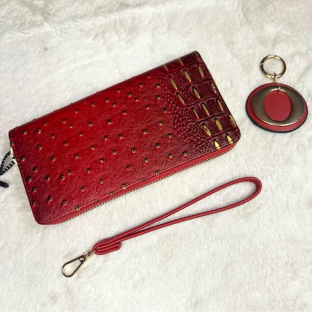 NWT Red Faux Ostrich Leather Textured Zip Around Wallet Wristlet with Keychain - Image 16