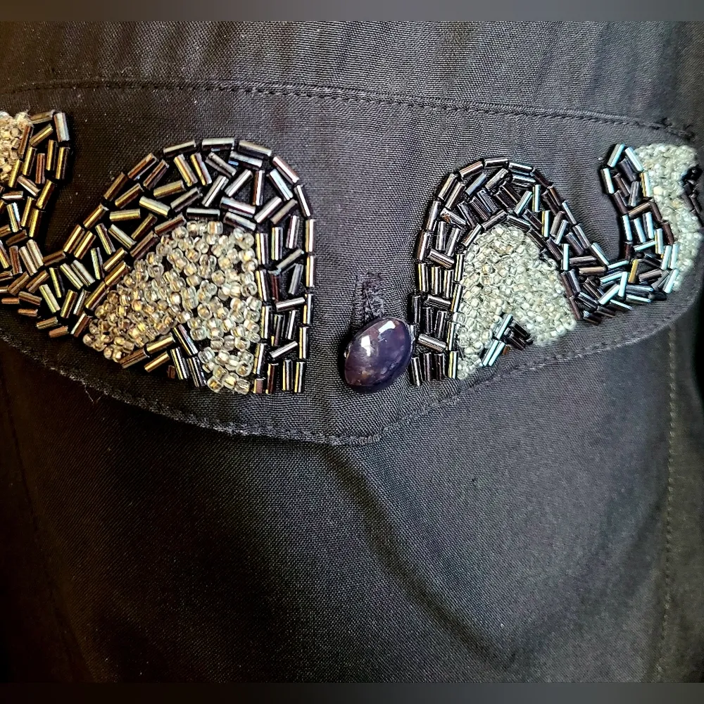 CACHE Black Silk Western Style Beaded Shirt - Image 5