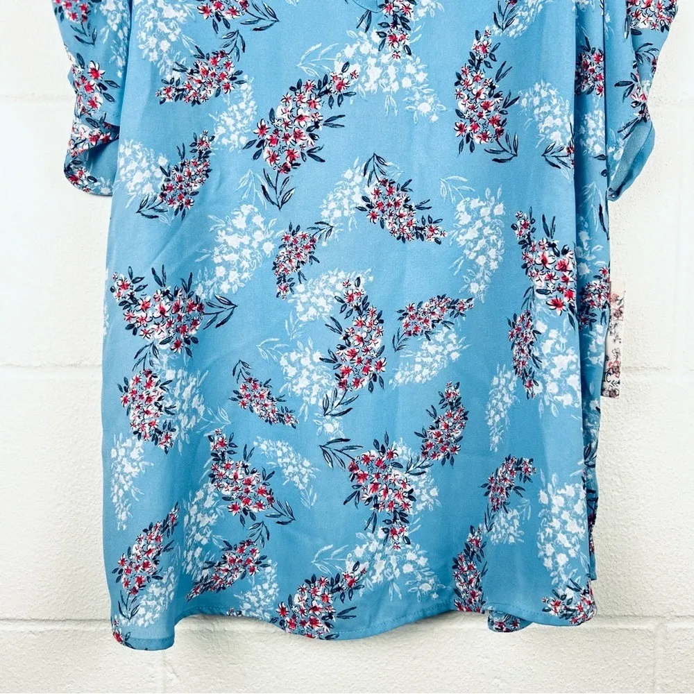 Floral‎ Cold Shoulder Top V-Neck Blouse Blue Red White Print Casual NWT - Image 3