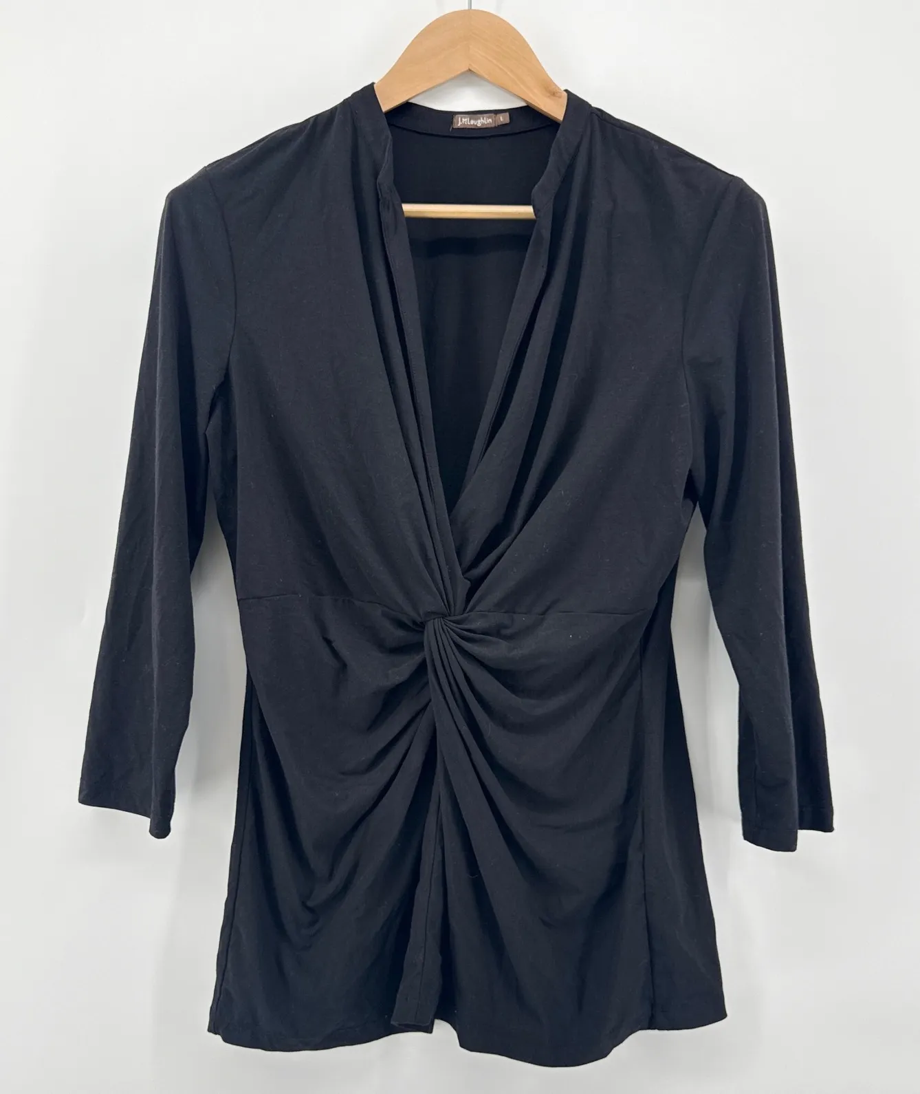 J. McLaughlin Irina Black Twist Front V-Neck 3/4 Sleeve Top Band Collar Large - Image 1