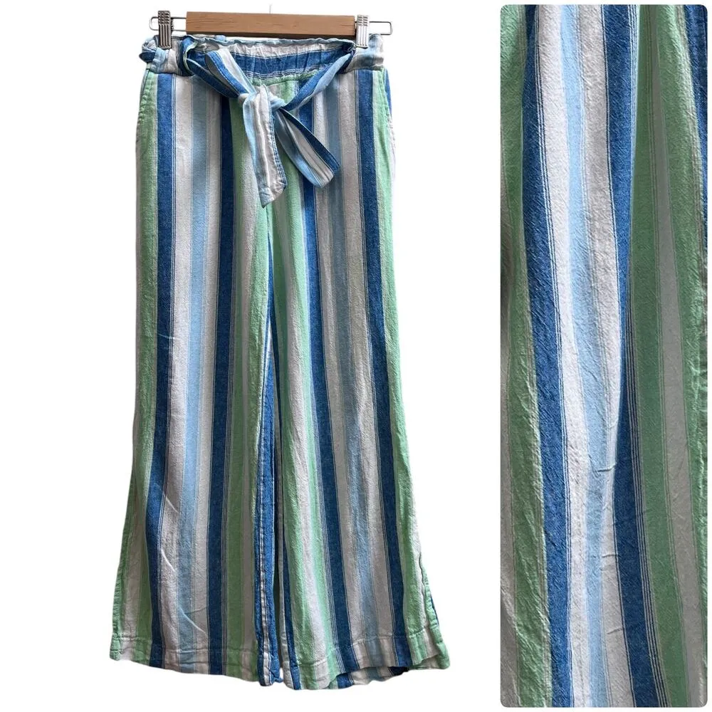 Linen Blend Striped Side Slit Waist Tie Wide Leg Pant Small Resort - Image 4
