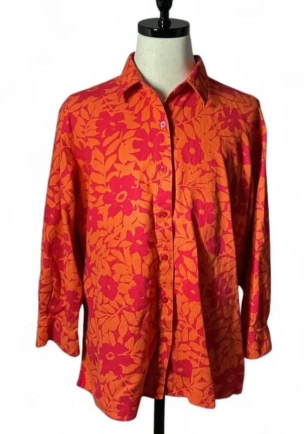 Jaclyn Smith Linen Floral Print Button Up Long Sleeve Blouse Coastal Sustainable - Image 1