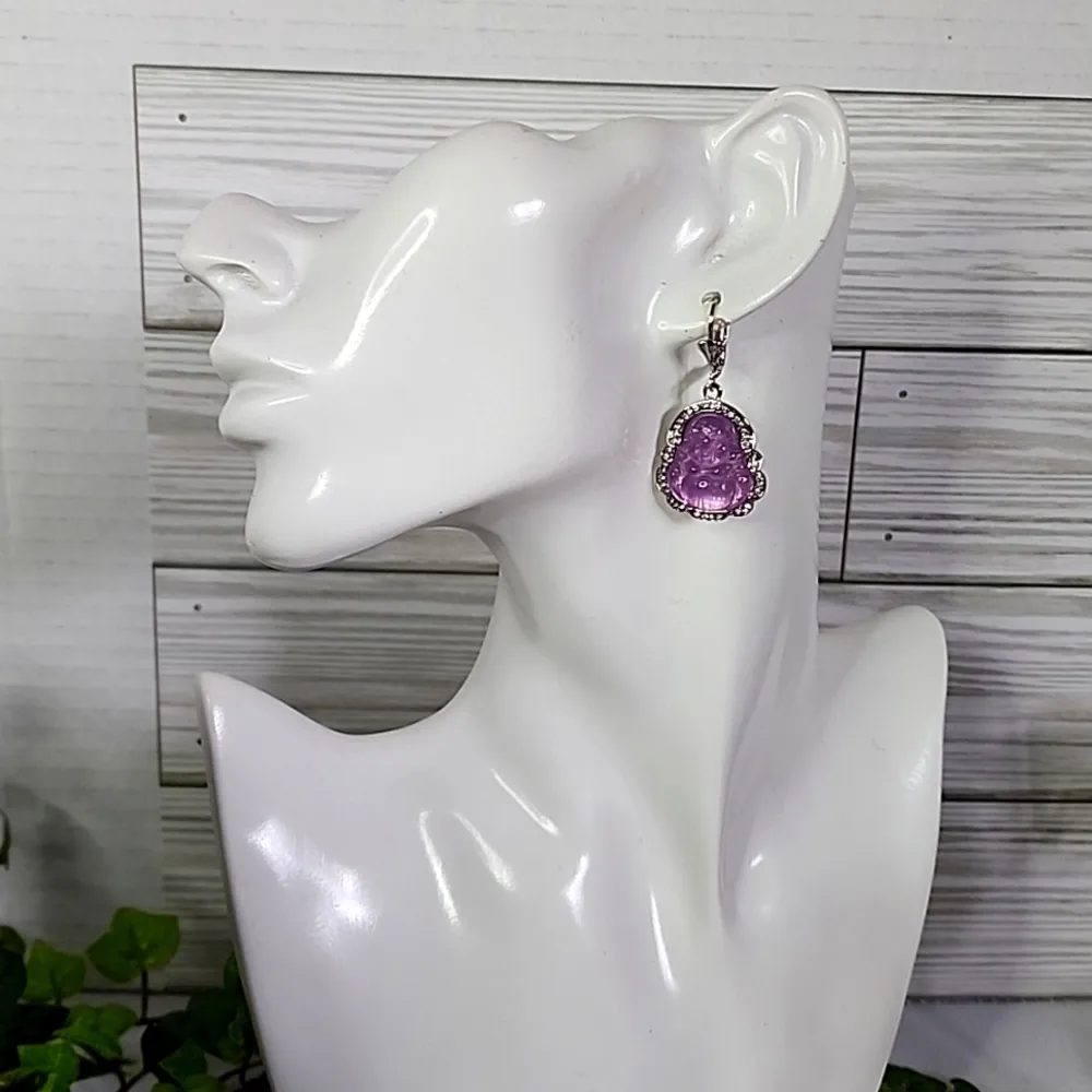 Silver with Purple Buddha Hoop Earrings New - Image 2