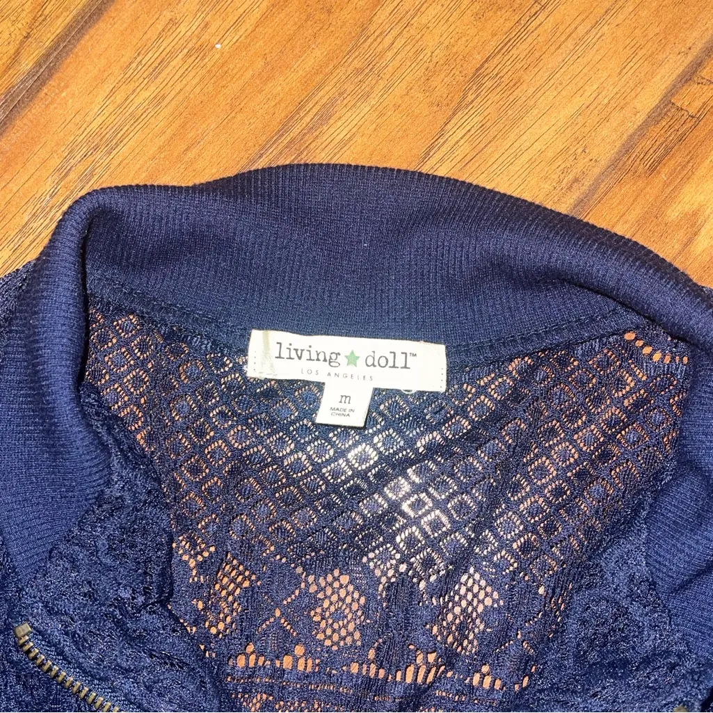 Living Doll Deep navy Blue Lace Bomber Jacket size medium - Image 5
