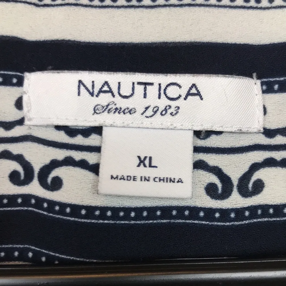 Nautica Women’s Boho Pattern Print Navy Blue White Button-Up Long Sleeve Blouse - Image 9
