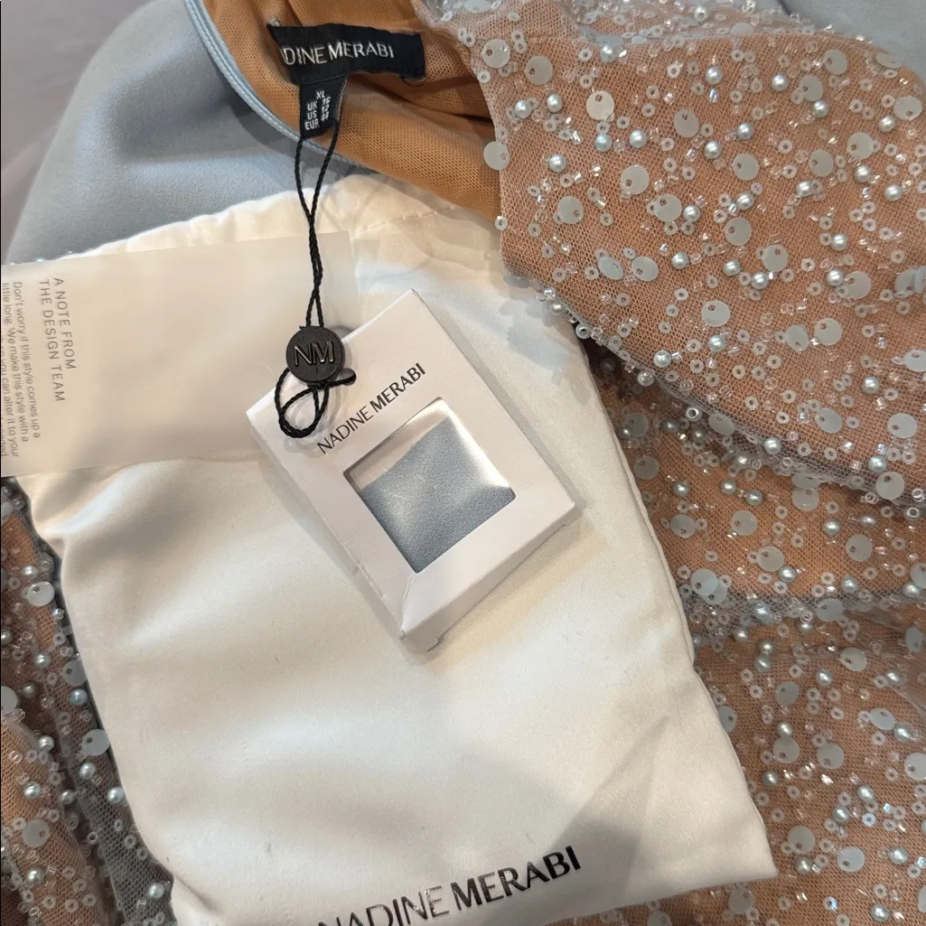 NWOT NADINE MERABI Misha Beaded Sequins Long Sleeve Wide Leg Jumpsuit sz XL 12 Blue - Image 7