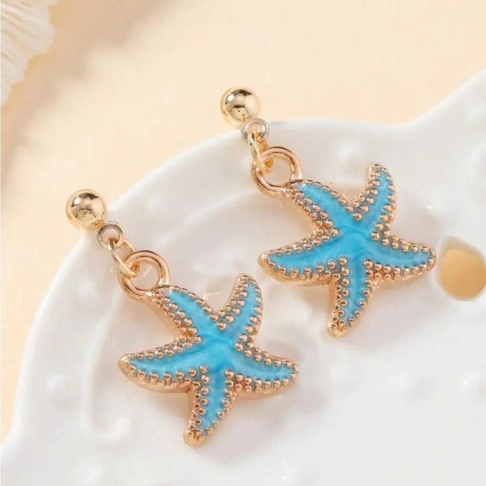 Gold and Blue Starfish Earrings - Image 2