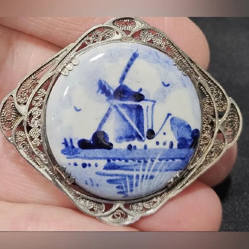Vintage Delft Windmill Jewelry Set: Locket Necklace, Pendant, Brooch & Earrings Blue - Image 2