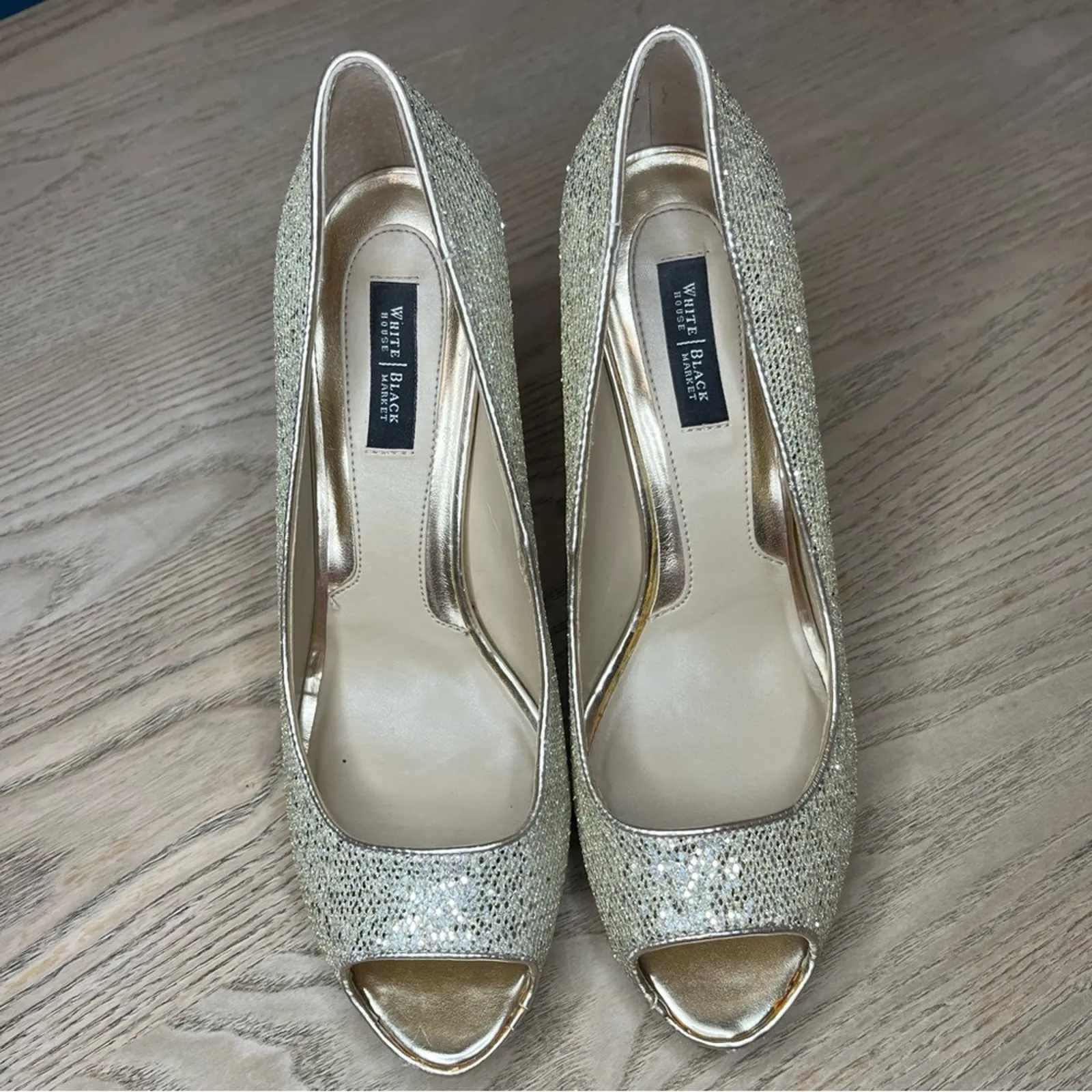 White House Black Market Dancer Gold Glitter Peep Toe Pumps Heels Size 7.5 - Image 6
