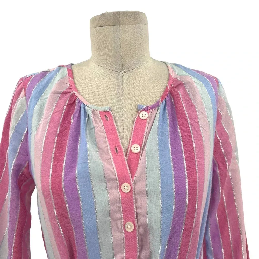 J. Crew Belted Button-up Dress in Pastel Stripe‎ Pink Blue Size XXS - Image 4