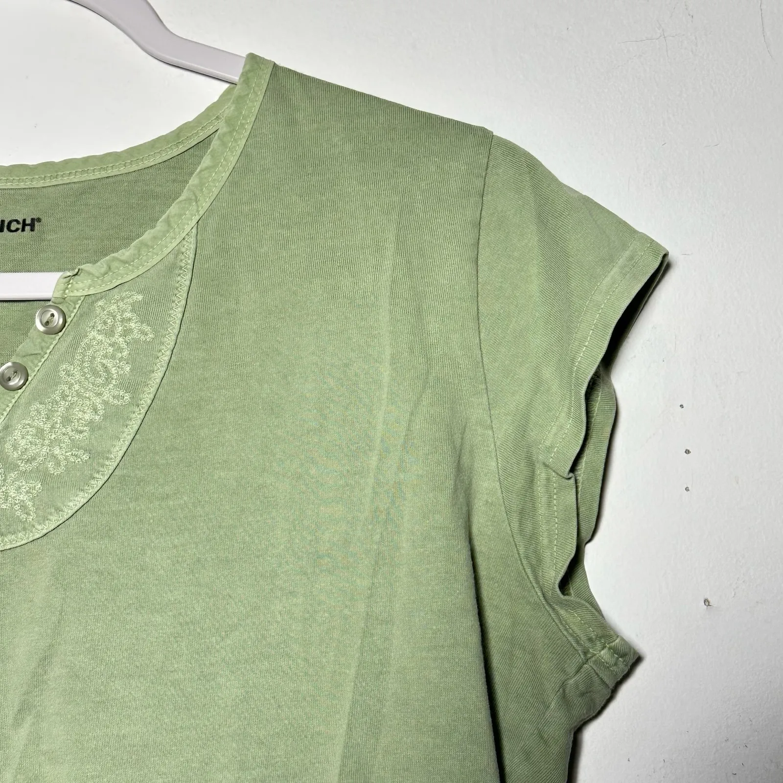 WOOLRICH Womens Green Embroidered Henley T Shirt Size L - Image 9