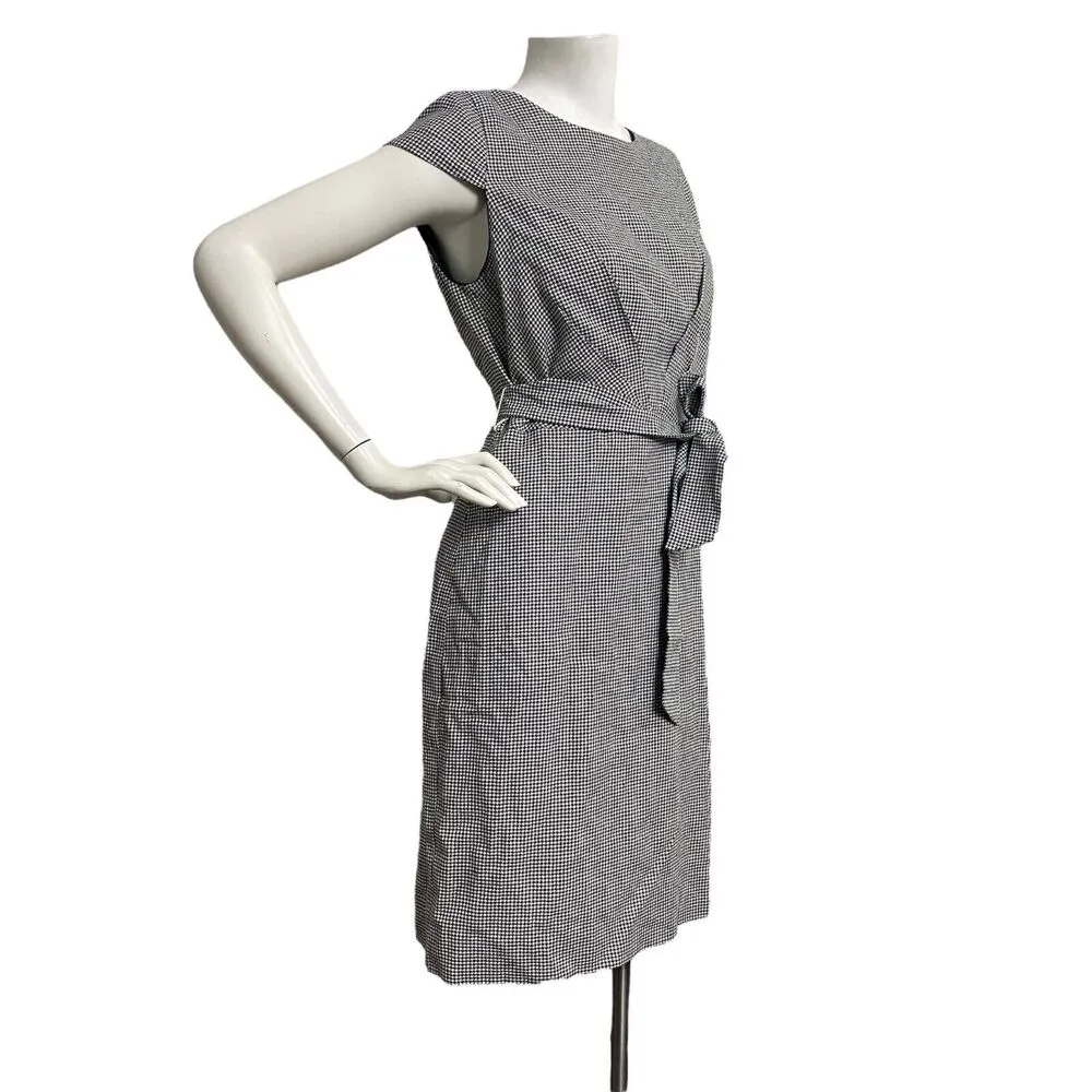 J. Crew 365 Dress 6 Black White Short Cap Sleeve Belt Sheath Stretch Houndstooth - Image 3