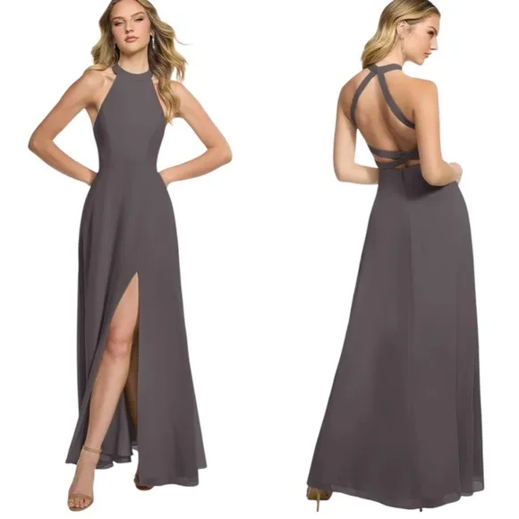 NWT AZAZIE Bridesmaid Clarice Steel Grey Halter Chiffon Dress Open Back Size 2 - Image 2