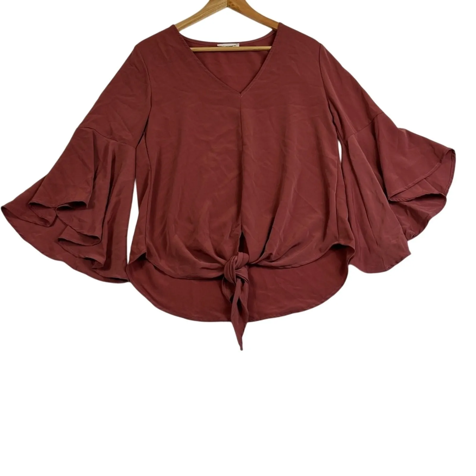 Eesome Tie Front Bell Sleeve Blouse Womens M Mauve Flowy Earthy Cottagecore Boho Pink Size M - Image 2