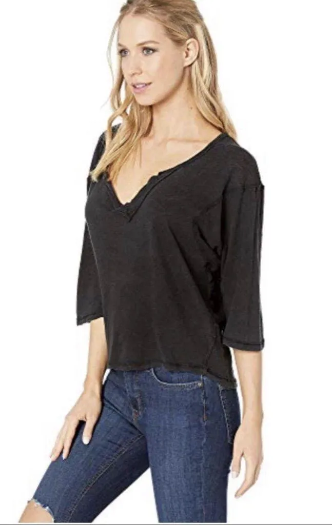 Free People We the Free Head In The Clouds Linen Blend Tee Black Size Small - Image 4