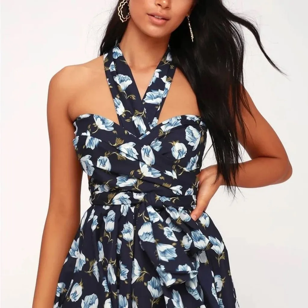 Lulus Navy Blue Floral Elated Energy Convertible Sleeveless Romper Shorts Sz XS - Image 5