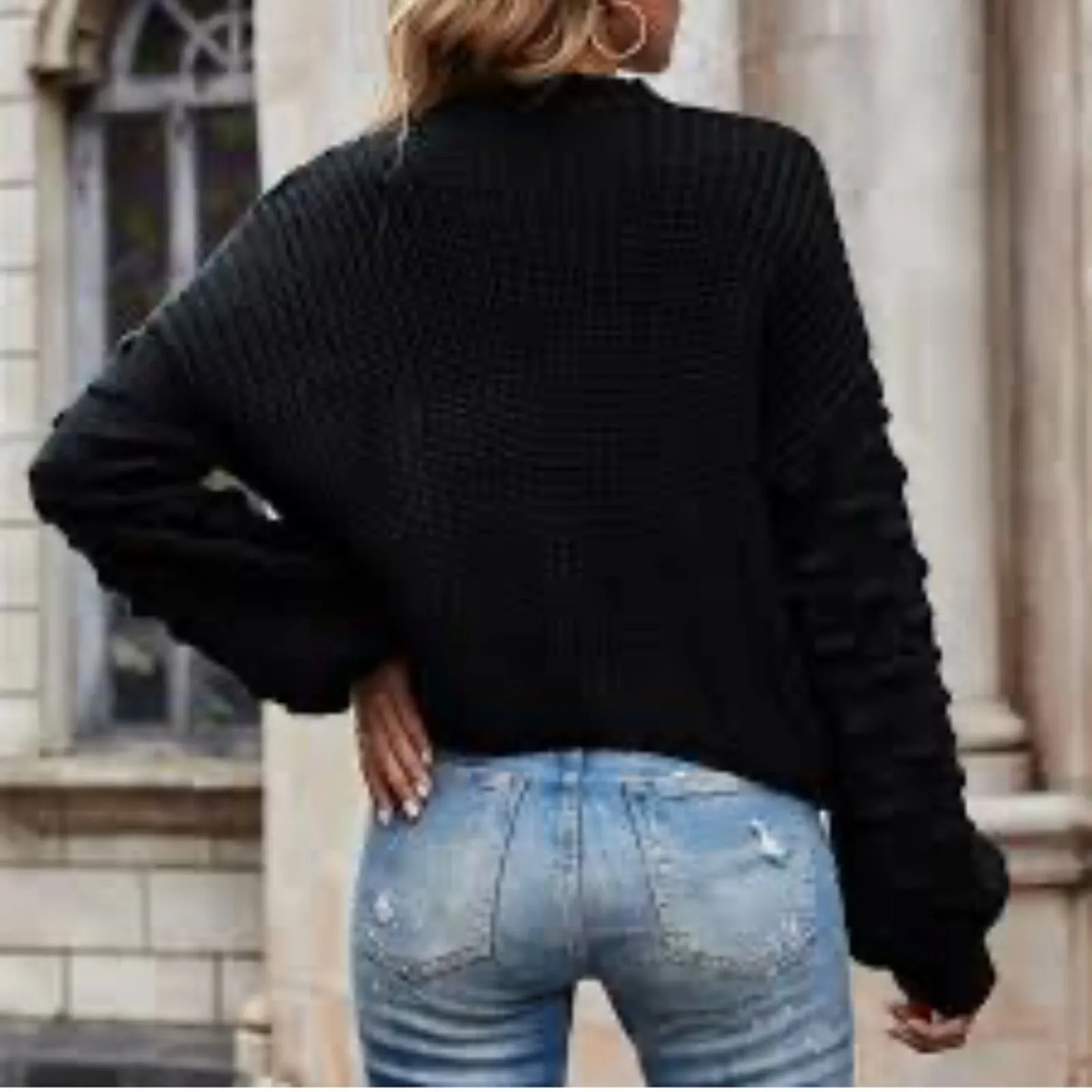 Racheal Lantern Cable Knit Oversized Dolman Sleeve Pullover Sweater Large Black - Image 4