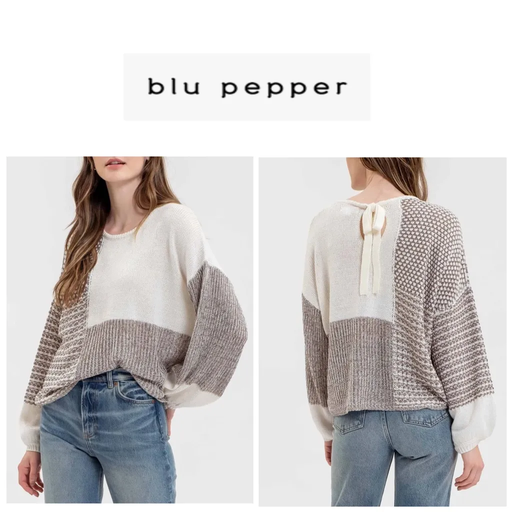 Blu Pepper Women's Scoop Neck Color Block Cream and Tan Knit Sweater L - Image 2