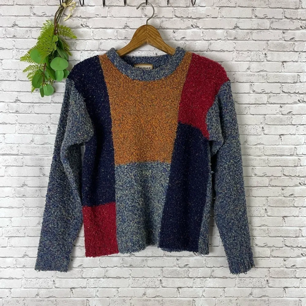 Vintage Colorblock Blue Fuzzy Rainbow Speckled Sweater Size M - Image 2