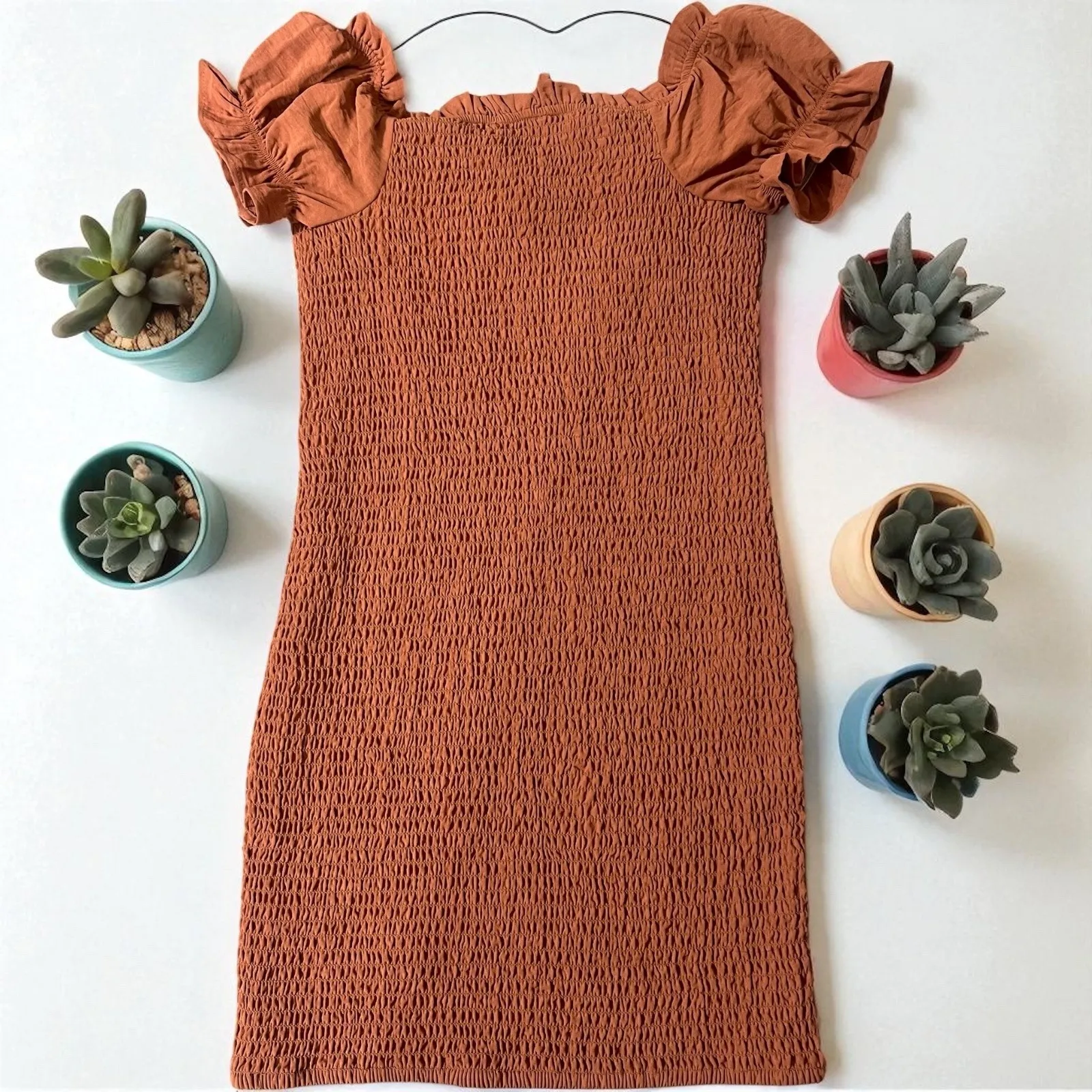 Love Tree Womens Dress Mini Short Sleeve Brown Smocked Casual Party Dress Size S - Image 4