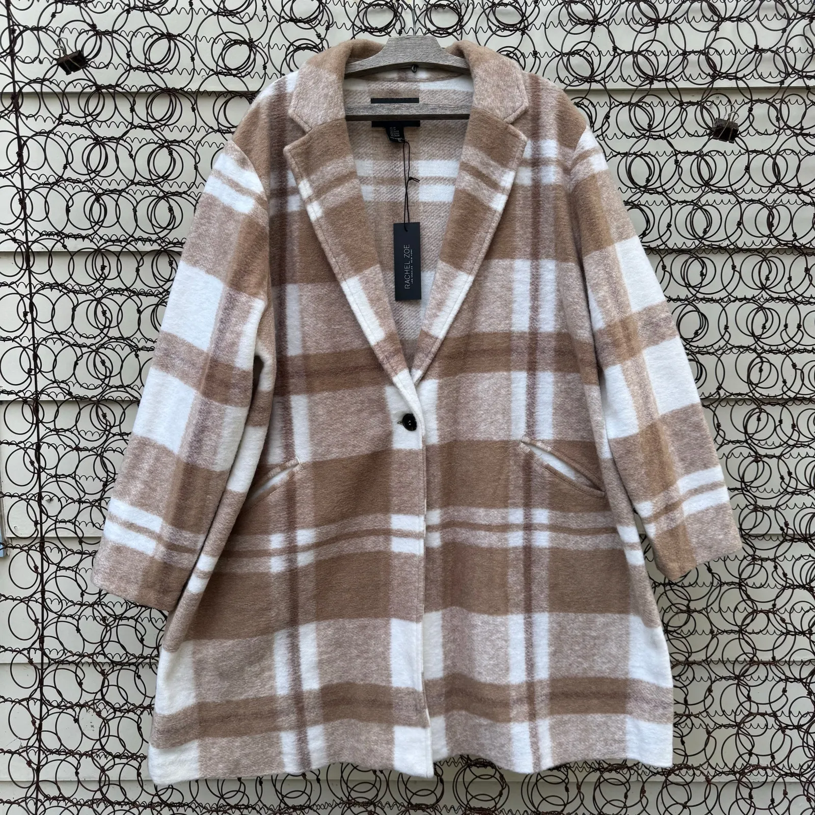 Rachel Zoe Brown Cream Plaid Print Peacoat Single Button Wool Blend 3X NWT - Image 2