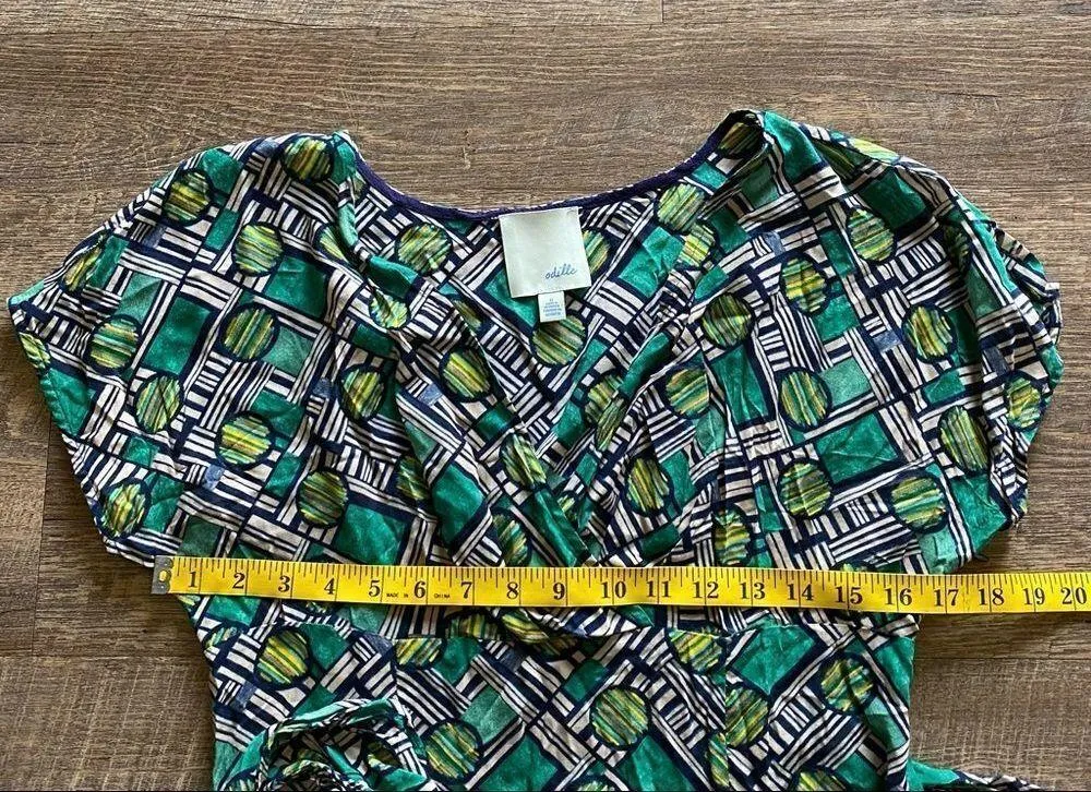 Anthropologie Odille Wrap Blouse Navy Green Taupe Rayon Boho Top - Image 10